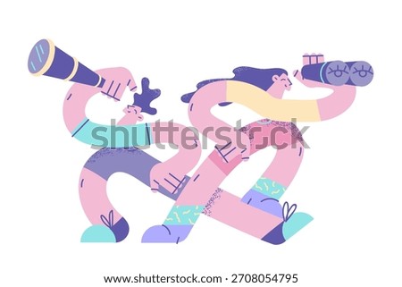Investigation, looking for something concept. Two young people woman and man standing with spyglass in hands searching for something afar vector illustration