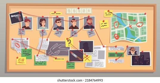 Investigation Map. Investigating Board With Photo Suspect Or Forensic Evidence, Private Detective Work Police Crime Information Pin Questions, Ingenious Vector Illustration. Detective Board Evidence