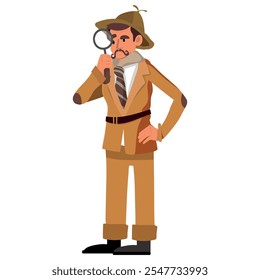 investigation of a mystery, man in detective clothes holding magnifying glass. vector illustration with white background.
