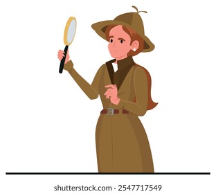 investigation of a mystery, woman in detective clothes holding magnifying glass. vector illustration.