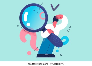 Investigation, query, Frequently asked questions concept. Young businessman cartoon character standing holding magnifying glass and searching for information with questions vector illustration.