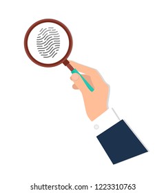 Investigation of thumb prints by magnification loupe. Personal identity sign, detective research concept. Fingerprint in magnifying glass vector icon isolated.