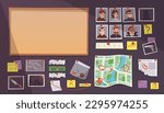 Investigation wall. Detective board elements for clues search investigator game, detection workplace with threads pin criminal photo map or crime plan, vector illustration of criminal detective board