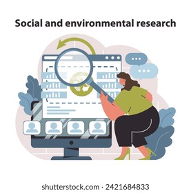 Investigative analytics visual. Delving into the data for social and environmental insights. Charting a course for corporate responsibility. Flat vector illustration.