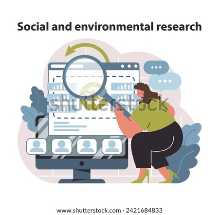 Investigative analytics visual. Delving into the data for social and environmental insights. Charting a course for corporate responsibility. Flat vector illustration.