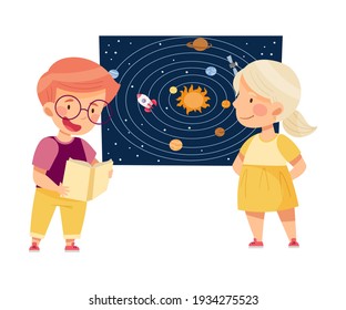 Investigative Little Boy and Girl Studying Space and Galaxy Examining Solar Planets Vector Illustration