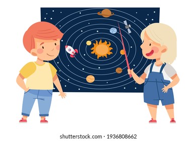 Investigative Little Boy and Girl Studying Space and Galaxy Examining Solar Planets Vector Illustration