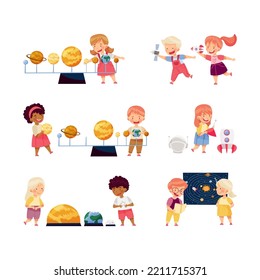 Investigative Little Boy and Girl Studying Space and Galaxy Examining Solar Planets Vector Set