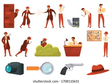 Investigator icons set. Cartoon set of investigator vector icons for web design
