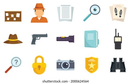 Investigator icons set. Flat set of investigator vector icons isolated on white background