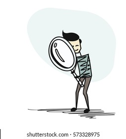 Investigator looking with magnifying glass. Flat design. Cartoon Hand Drawn Sketch Vector Background.
