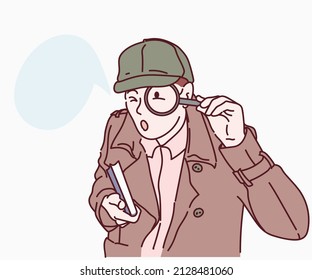 Investigator looking with magnifying glass. Hand drawn in thin line style, vector illustration.
