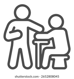 Pesquisador com ícone de linha de homem suspeito, conceito de força policial. Gráficos vetoriais. Homem de pé na mesa, cadeira com sinal humano no fundo branco, ícone de estilo de contorno para design móvel ou web