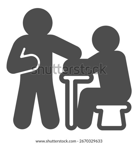 Investigator with suspect man solid icon, police force concept. Vector graphics. Man standing at desk, chair with human sign on white background, glyph style icon for mobile or web design