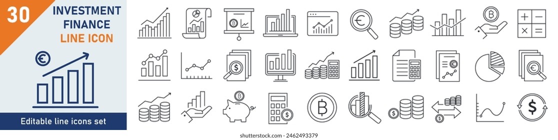 Investitions-Icons Pixel perfekt. Icon-Set für Investment Business. Set von 30 Skizzen im Zusammenhang mit Investitionen, Lösung, Fortschritt, Erfolg. Lineare Kollektion von Symbolen. Bearbeitbarer Strich. Vektorillustration.