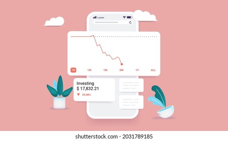 Investing App On Smartphone With Negative Portfolio - Phone Screen Showing Negative Stock Market Chart. Loosing Money In Stock Market Concept. Vector Illustration.