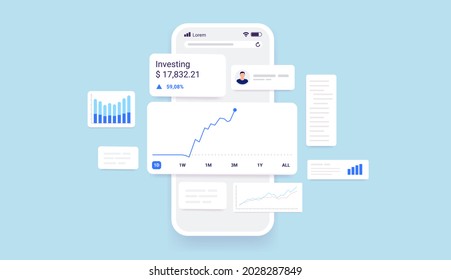 Aplicación de inversión en smartphone - Concepto de inversión rentable en línea con gráficos y datos del mercado de valores en pantalla telefónica. Ilustración vectorial.