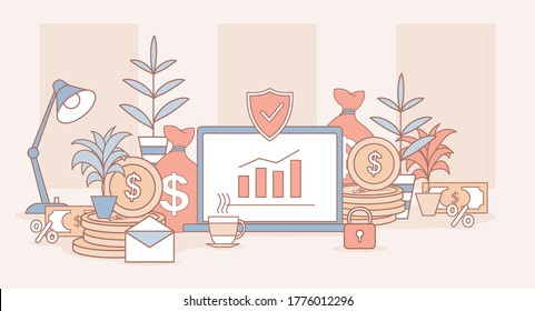 Invertir la ilustración del contorno de dibujos animados del vector de aplicación. Pantalla de un portátil con un gráfico de barras en alza, monedas de oro, efectivo y bolsas llenas de dinero. Estrategia de inversión, concepto de inversión empresarial.