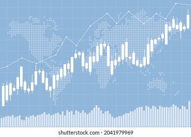 Investing background. Candlestick charts for stock exchange with dot world map in background. Stock market conceptual background.