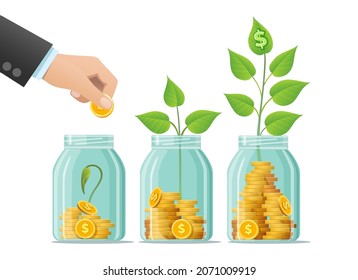 Investing bottle. Money growing concept, finance savings tree, finances investment, invested coins pot, green invests, cash investement strategy, dollars budget investers image - Shutterstock ID 2071009919