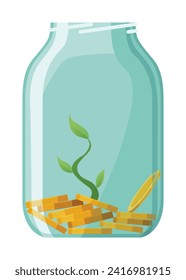 Invertiendo dinero de botella, icono. Concepto de crecimiento del dinero, árbol de ahorros de finanzas, financia inversiones. Planta de crecimiento de dinero paso a paso con moneda de depósito en concepto de banco