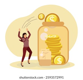 Investing bottle. Woman saving money by bottle coins into a large jar, symbolizing financial planning and wealth accumulation. Flat vector modern illustration