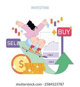 Investing concept. Financial growth and stock trading. A person engaged in buying and selling stocks on a digital platform, represented through charts, money, and trends. Vector illustration.