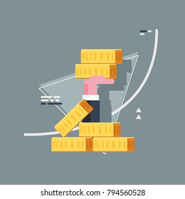 Investing in currency, strengthening of currency rate, growth of welfare, finance management concept, pile of money, hand holding gold coin flat vector illustration