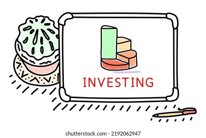 Invertir. Dispositivo digital o tablet pc con inscripción - Invertir. Inversión empresarial y éxito. Mercado de valores o finanzas personales. Programa de inversión de la empresa. Contorno de esbozo editable. Vector