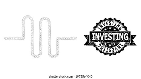 Investing dirty seal imitation and vector pipeline mesh model. Black stamp seal includes Investing caption inside ribbon and rosette. Abstract flat mesh pipeline, created from flat mesh.