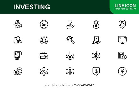 Elementos esenciales de inversión ilustrados con precisión moderna: conjunto de íconos de línea de Vector mínimo profesional que cubre finanzas, mercado de valores, símbolos de administración de dinero
