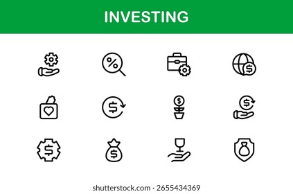 Elementos esenciales de inversión ilustrados con precisión moderna: conjunto de íconos de línea de Vector mínimo profesional que cubre finanzas, mercado de valores, símbolos de administración de dinero
