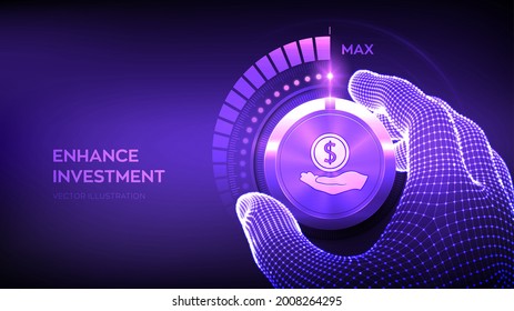 Investing and finance growth business concept. Strategy and return on investment. Wireframe hand setting invest knob button on highest position. Increasing profit income strategy. Vector illustration.