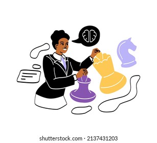 Investing and financial strategy concept. Invest strategy. Woman moves chess pieces and thinks over financial strategy. Increase in profit or income. Cartoon flat vector illustration in doodle style