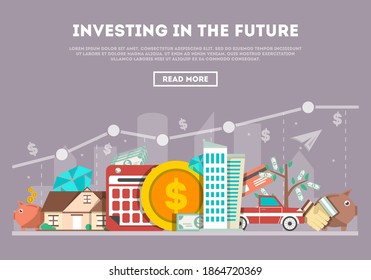 Investing in the future banner with chart and text. Money investment, savings growth, financial success, coin bank vector illustration. Business, finance and wealth concept