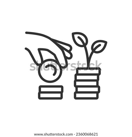 Investing in the future, linear icon. The hand puts a coin in the pile, from which grows a sprout of a plant. Investing and growth of capital. Line with editable stroke