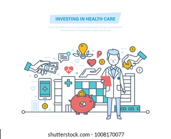 Investing in health care and modern medicine. Development of medicine, improving quality of service. Paid medicine, private clinics. Medical insurance. Maintaining life. Illustration thin line design.