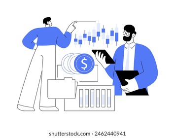 Investitionen in einen Hedgefonds isolierte Cartoon-Vektorillustrationen. Geschäftsmann im Gespräch mit Hedgefonds-Berater, Geldanlage, Finanzstrategie und Risiko, Börsen-Vektorgrafik Cartoon.