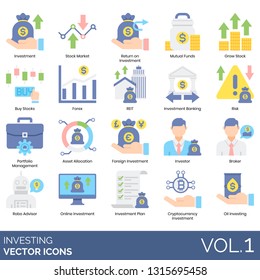 Investing icons including investment, stock market, return, mutual funds, grow, buy, forex, REIT, banking, risk, portfolio management, asset allocation, foreign, investor, broker, robo advisor, online