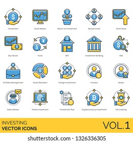 Investing icons including investment, stock market, return, mutual funds, grow, buy, forex, REIT, banking, risk, portfolio management, asset allocation, foreign, investor, broker, robo advisor, online