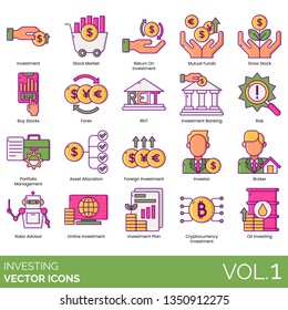 Investing icons including investment, stock market, return, mutual funds, grow, buy, forex, REIT, banking, risk, portfolio management, asset allocation, foreign, investor, broker, robo advisor, online