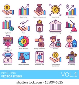 Investing icons including investment, stock market, return, mutual funds, grow, buy, forex, REIT, banking, risk, portfolio management, asset allocation, foreign, investor, broker, robo advisor, online