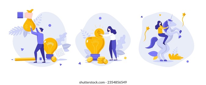 Investing in idea flat concept vector illustrations set. Develop innovative startup cartoon composition. Making money with alternative thinking metaphor for website, mobile, presentation