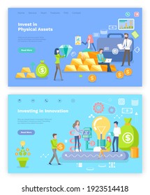Investing in innovation vector, invest in physical assets people with money dollars in gold bars and coins. Investors with financial reports bulb. Website or webpage template, landing page flat style