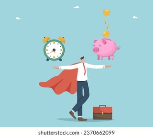 Investing in investments and stocks, increasing savings and creating deposit boxes, achieving significant success in asset management, financial growth, man holds a watch and a piggy bank on his hands svg