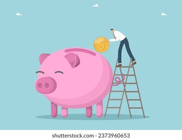 Investing in investments and stocks, increasing savings and creating deposit boxes, achieving significant success in asset management, financial growth, a man throws a coin into a piggy bank. svg