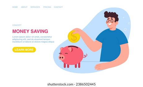 Investing in investments and stocks, increasing savings and deposit boxes, success in asset management, financial growth. Web banner, infographic, web page with man throws coin into piggy bank.