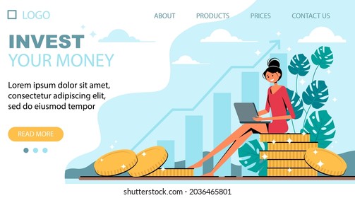 Investing landing page - illustration with coins and cute woman. Concept vector illustration for investment, banking, finance, wealth grow. Vector illustration.