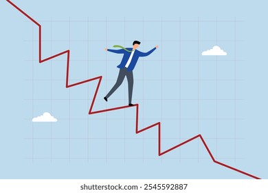 Investindo na recessão do mercado, comerciante de negócios malabarista passeando no gráfico de tendência descendente carmesim. 