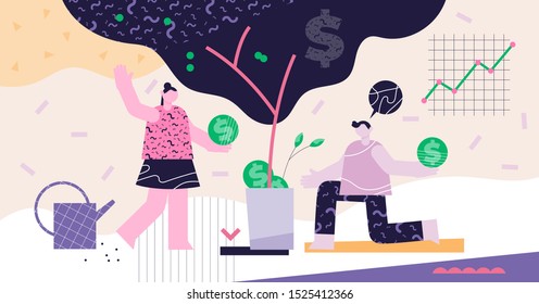 Investing modern abstract concept vector illustration. Deposit profit and wealth growing business. Teamwork persons cultivate money. Increase return on investment strategy. Crowd funding campaign.